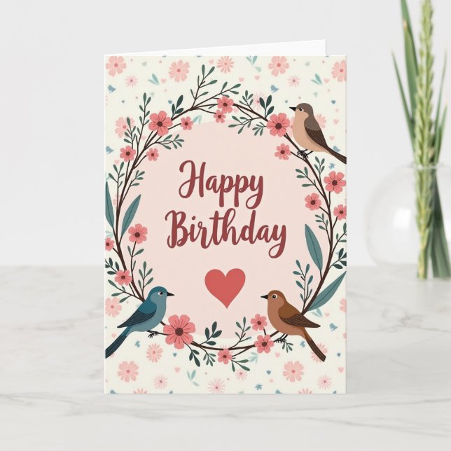 Cartão de Aniversário de Pássaros com Coroa (Frente)