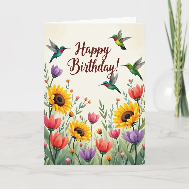 Cartão de Aniversário de Pássaros em Aquarela (Frente)