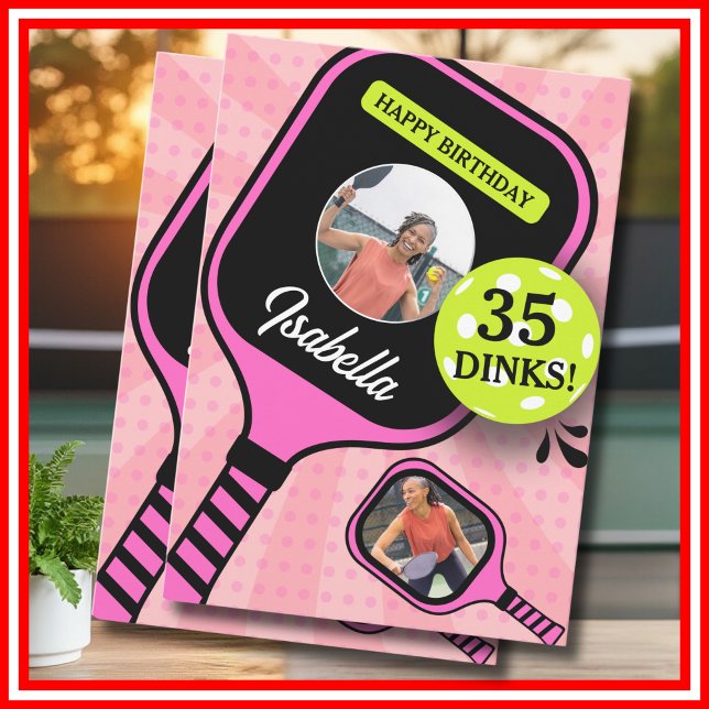 Cartão de Aniversário de Pickleball RETRO Rosa Esp (Pickleball RETRO Pink Sports PHOTO Birthday Card)