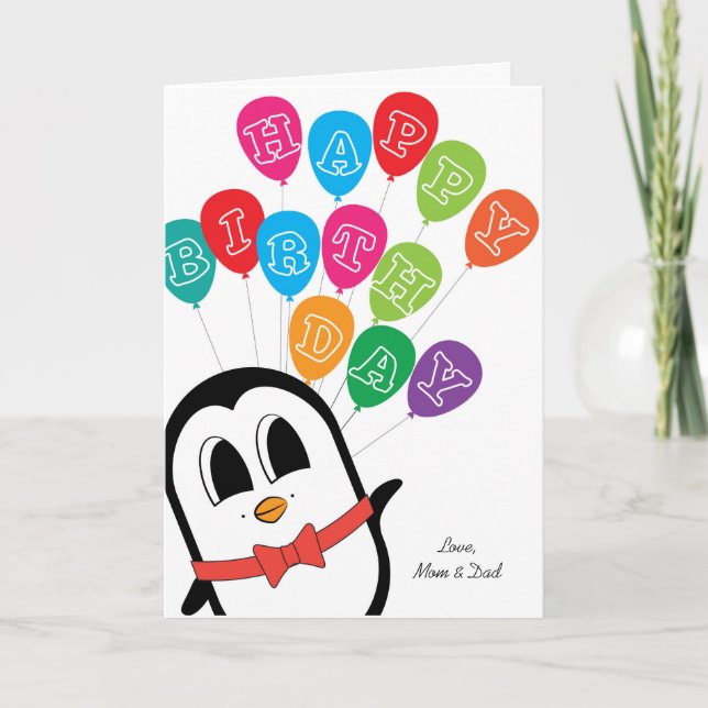 Cartão de aniversário de pinguim fofo (Frente)