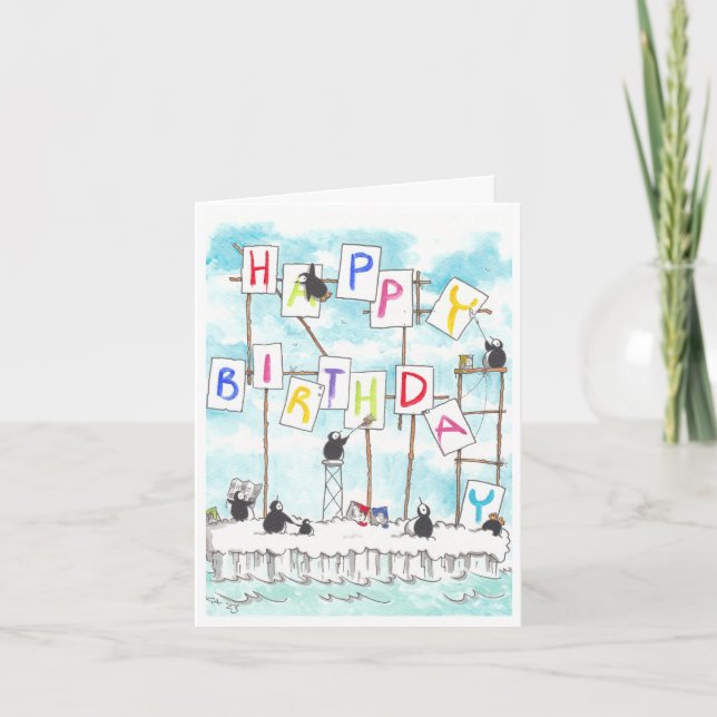Cartão de aniversário de pintores pinguins (Frente)