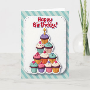 Cartão de Aniversário de Pirâmide de Cupcake