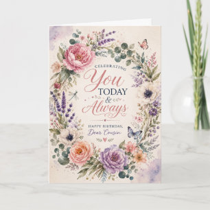 Cartão de aniversário de prima em aquarela floral