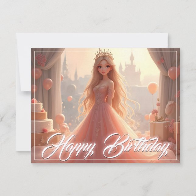 Cartão de Aniversário de Princesa em Rosa (Frente)