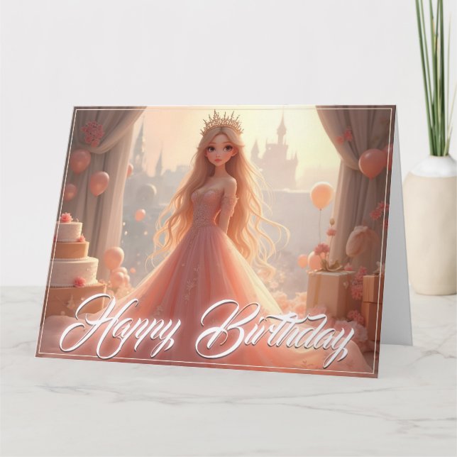Cartão de Aniversário de Princesa em Rosa (Frente)