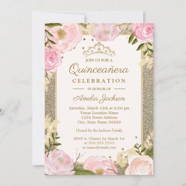 Cartão de aniversário de Quinceanera com brilho ro (Frente)