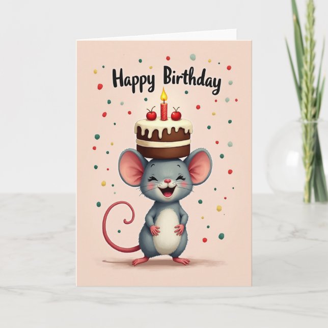 Cartão de Aniversário de Rato com Bolo Doce (Frente)
