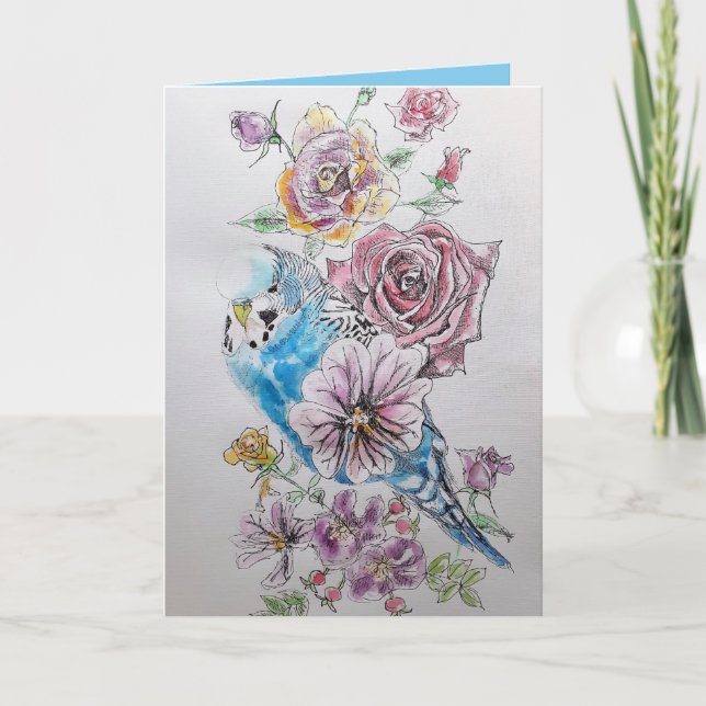 Cartão de Aniversário de Rosa de Aquarela Azul (Frente)