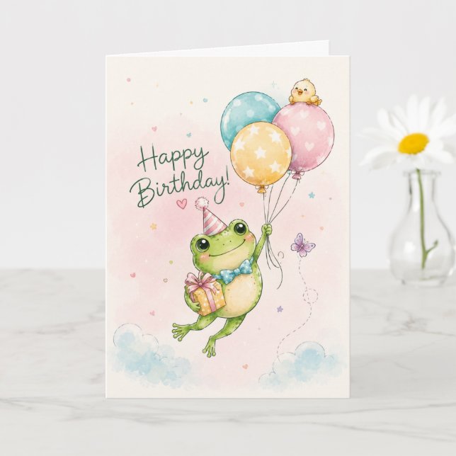 Cartão de aniversário de sapo fofo com balões (Planta pequena)
