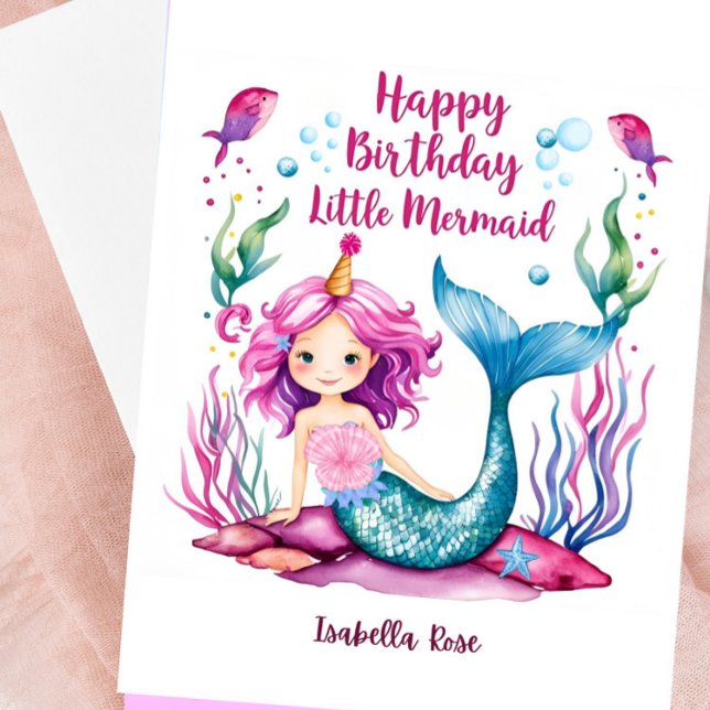 Cartão De Aniversário De Sereia Azul E Rosa Para M (Personalized Mermaid Birthday Card)