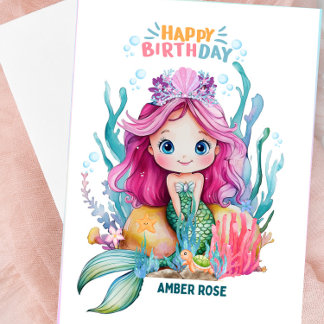 Cartão De Aniversário De Sereia Cor-De-Rosa E Azul