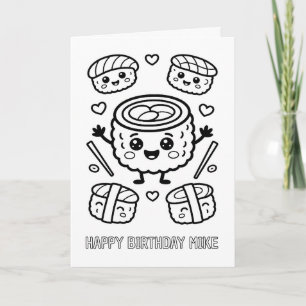 cartão de aniversário de sushi dobrado para colori