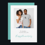 Cartão de Aniversário de Teal Personalizado com No<br><div class="desc">Cartão de Aniversário de Teal Personalizado com Nome de Foto Minimalista. Estilo contemporâneo para enviar seus desejos de Aniversário do parceiro com este design totalmente personalizável. Sua foto favorita está em formato quadrado com sua saudação abaixo em simples sans lettering e Happy Anniversário ou sua saudação escolhida na parte inferior...</div>