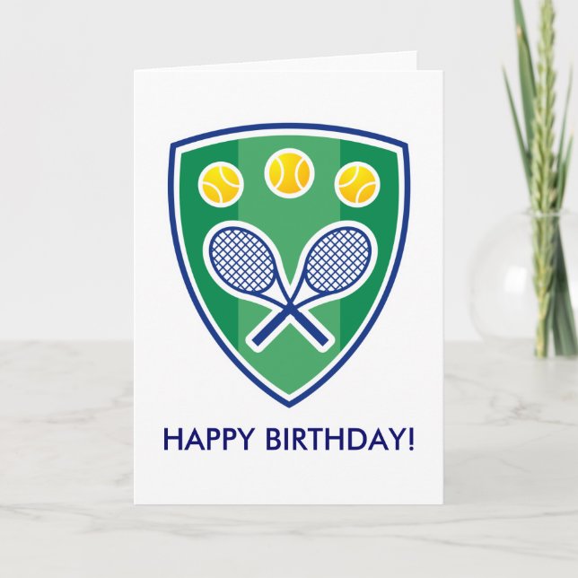 Cartão de aniversário de tênis com emblema de raqu (Frente)