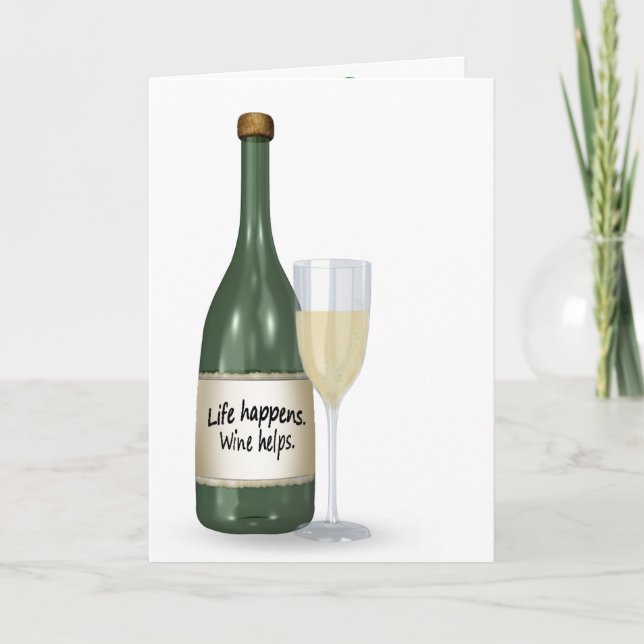 Cartão de aniversário de vinho branco e garrafa (Frente)