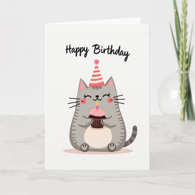 Cartão de Aniversário de Xícara de Gato Fofo (Frente)