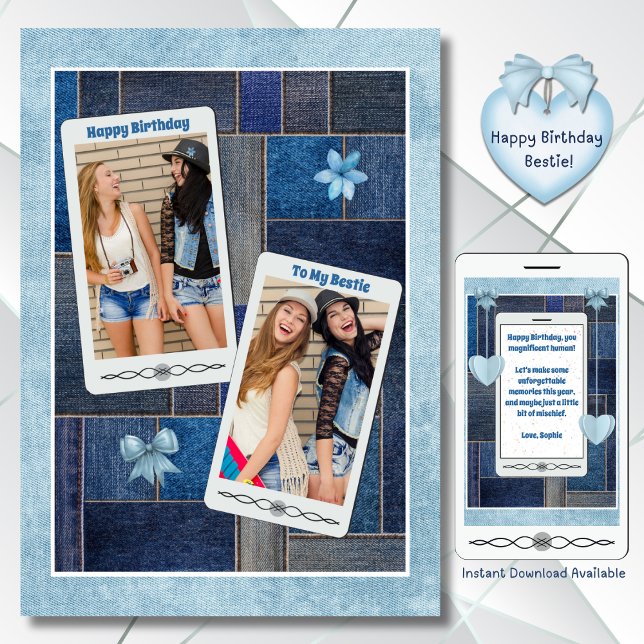 Cartão de Aniversário Denim Days com Minha Melhor  (Denim Days with My Bestie Blue Jeans Birthday Card)