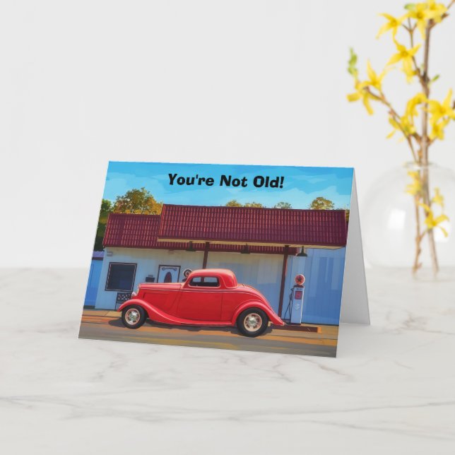 Cartão de Aniversário Divertido de Carro Clássico  (Flor Amarela)