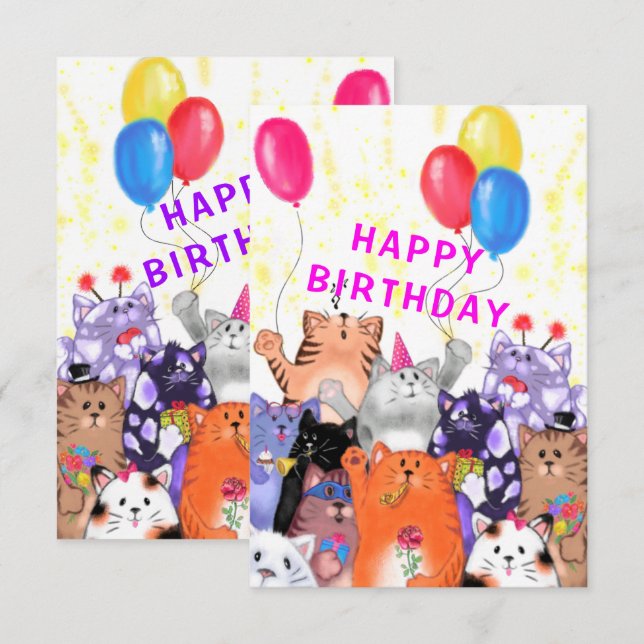 Cartão de Aniversário Divertido Festa de Gato Feli (Frente/Verso)