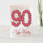 cartão de aniversário do 90 com rosas e folhas<br><div class="desc">Os números formaram dos rosas com scrollwork delicado no fundo. Um cartão de aniversário impressionante para uma senhora elegante. Veja a escala inteira dos cartões para idades e relações em minha loja. Todos os direitos reservados Norma Cornes dos trabalhos de arte</div>