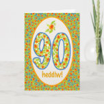 Cartão de aniversário do 90 de Galês,<br><div class="desc">Um cartão de aniversário bonito do 90,  com o cumprimento em Galês e em um teste padrão de cravos-de-defunto de pote alaranjados brilhantes na beira assim como nos números. Do motivo pintado à mão por Judy Adamson.</div>