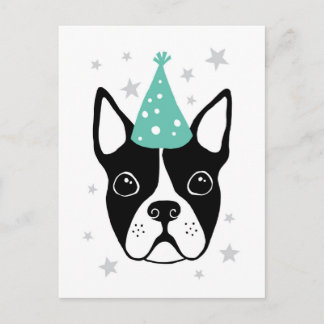 cartão de aniversário do Boston terrier com chapéu