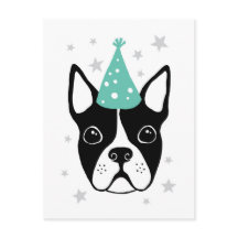 cartão de aniversário do Boston terrier com chapéu