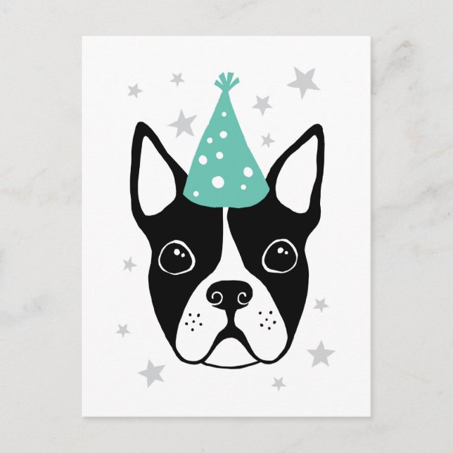 cartão de aniversário do Boston terrier com chapéu (Frente)