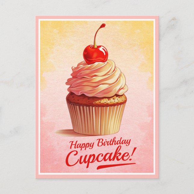 Cartão de Aniversário do Cupcake de Cereja Amarelo (Frente)