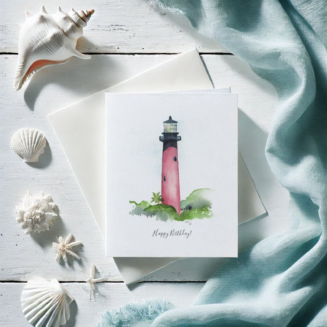 Cartão de Aniversário do Farol de Júpiter (Birthday cards beach watercolor Jupiter Lighthouse art by Victoria Grigaliunas Do Tell A Belle)
