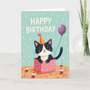 Cartão de Aniversário do Gato Caixa de Presente