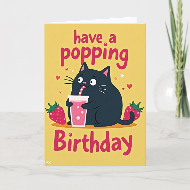 Cartão de Aniversário do Gato com Bebida Rosa (Frente)