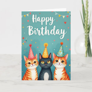 Cartão de Aniversário do Gato com Chapéu de Festa