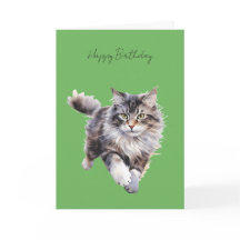 Cartão de Aniversário do Gato Fofo Cinza Correndo