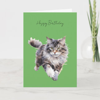 Cartão de Aniversário do Gato Fofo Cinza Correndo