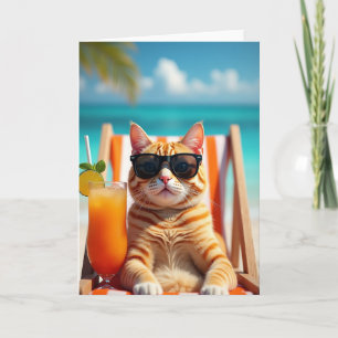 Cartão de Aniversário do Gato Gengibre na Praia