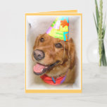 Cartão de aniversário do golden retriever<br><div class="desc">Golden retriever com um chapéu da festa de aniversário sobre.</div>