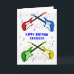 Cartão de Aniversário do Grandson Guitars<br><div class="desc">Um belo cartão de aniversário para um neto. Arte colorido de guitarra com escala musical ao fundo. Você não pode ter muitas guitarras. Um cartão de aniversário de violão muito legal, celebra a energia e a diversão deste instrumento musical. Um cartão de aniversário perfeito para guitarristas e amantes da música....</div>