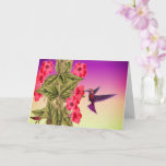 Cartão de Aniversário do Hummingbird Red Flowers<br><div class="desc">Um beija-flor toma néctar de flores vermelhas brilhantes contra um fundo roxo a verde sombreado neste cartão de aniversário para um amigo especial.</div>