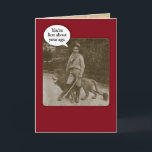 Cartão de Aniversário do Lion Safari, 1880, Funny<br><div class="desc">Meu avô excelente era dono da maior fábrica de brinquedos na Alemanha,  por volta de 1880. Este é seu filho (meu avô) com um leão recheado. Para aqueles que amam trocadilhos,  este cartão é perfeito!</div>