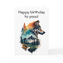 Cartão de Aniversário do Lobo em Aquarela para Ama