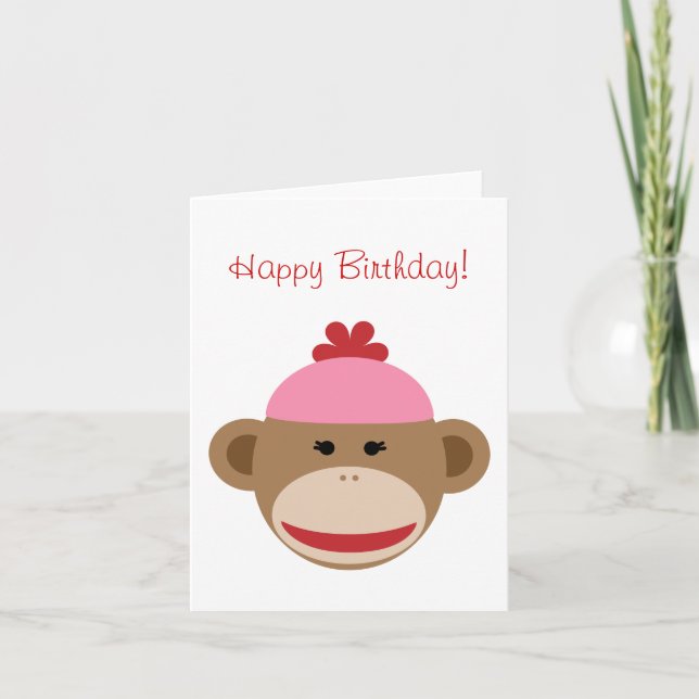 cartão de aniversário do macaco da peúga da menina (Frente)