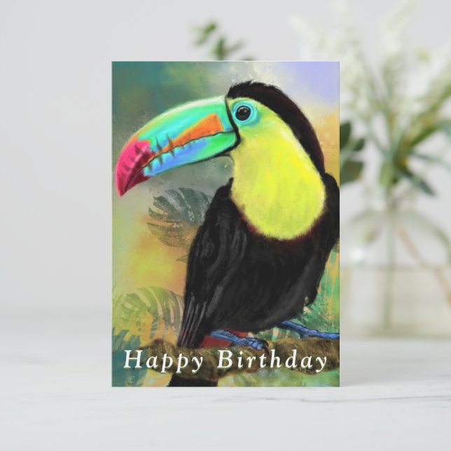 Cartão de Aniversário do Pássaro de Toco Exótico (Em pé/Frente)