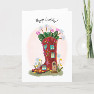 Cartão de Aniversário do Red Cowboy Boot e Cactus