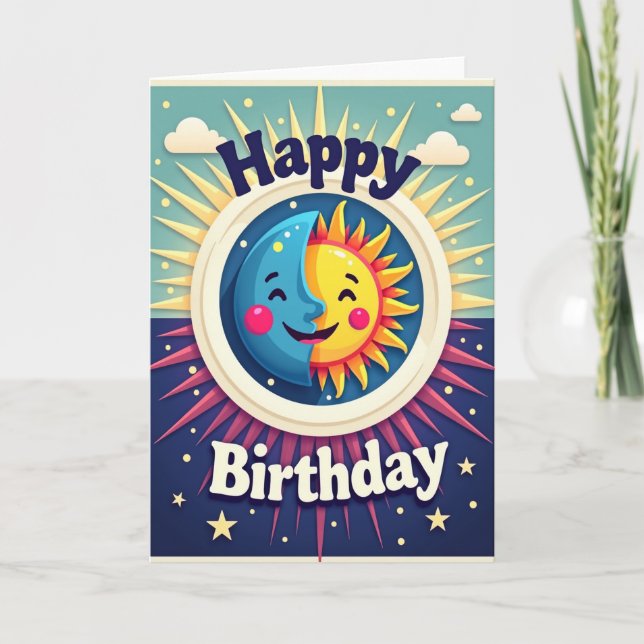 Cartão de Aniversário do Sol Lua Cósmico (Frente)