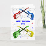 Cartão de Aniversário do Son Guitars<br><div class="desc">Um belo cartão de aniversário para um filho. Arte colorido de guitarra com escala musical ao fundo. Você não pode ter muitas guitarras. Um cartão de aniversário de violão muito legal, celebra a energia e a diversão deste instrumento musical. Um cartão de aniversário perfeito para guitarristas e amantes da música....</div>