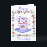 Cartão de aniversário do tempo do chá da pilha do<br><div class="desc">Uma pilha de teacups pintados na aguarela com flores do primavera e cores brilhantes.</div>