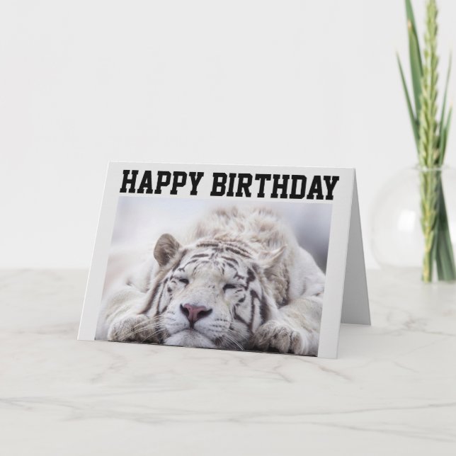 CARTÃO DE ANIVERSÁRIO DO TIGRE BRANCO, COMA BOLO,  (Frente)