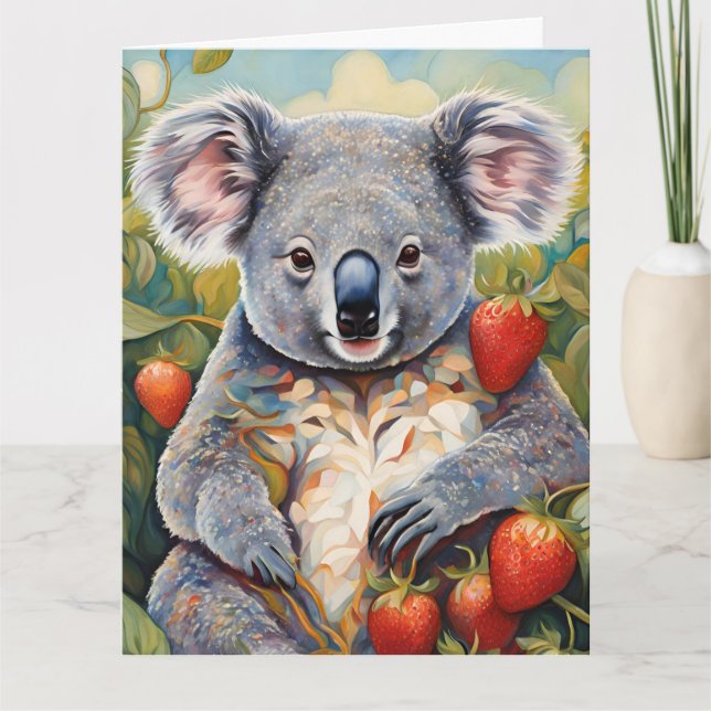 Cartão de Aniversário do Urso Koala, Cute Strawber (Frente)