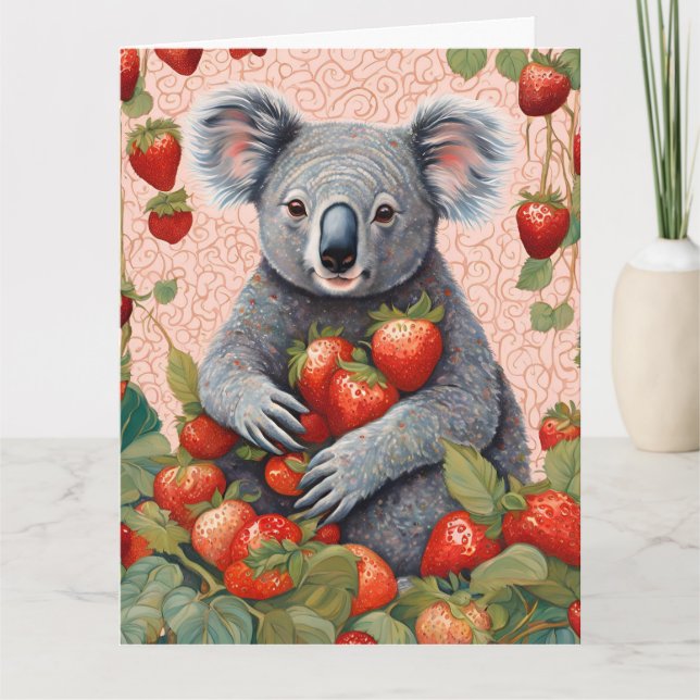 Cartão de Aniversário do Urso Koala, Cute Strawber (Frente)